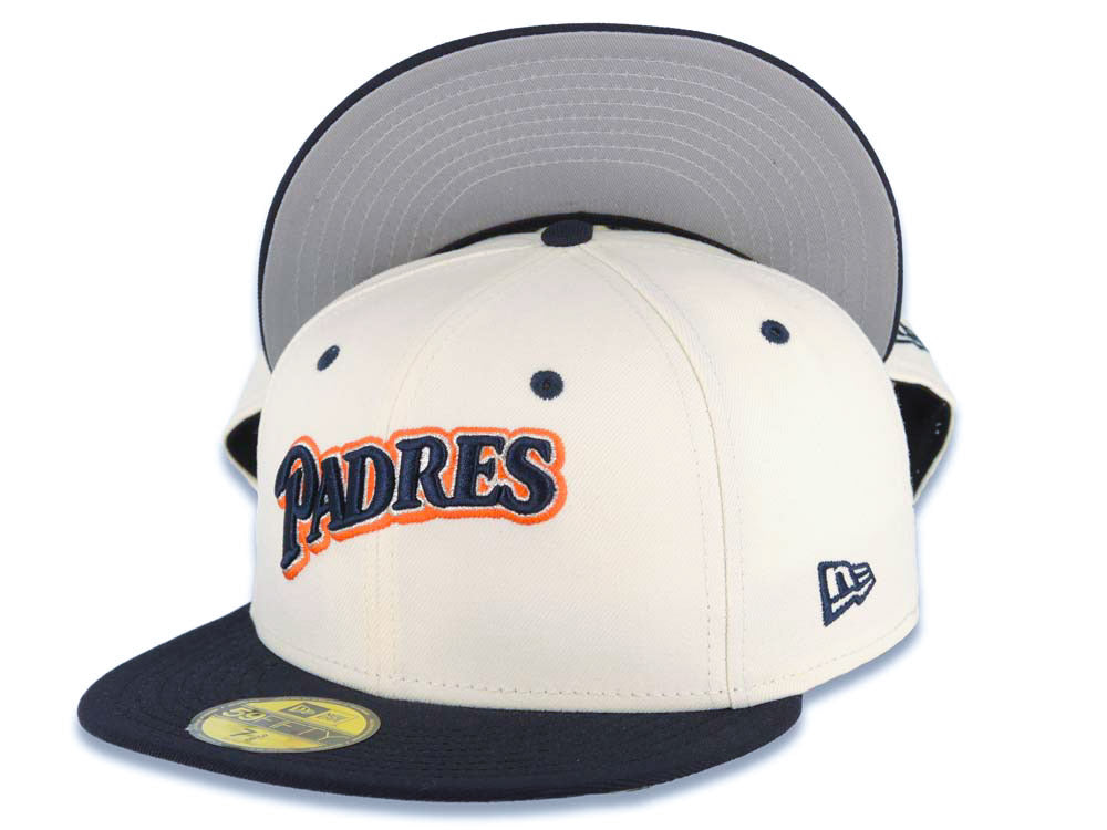 San Diego Padres New Era MLB 59FIFTY 5950 Fitted Cap Hat Cream Crown Navy Blue Visor Navy Blue/White/Orange Script Logo Gray UV