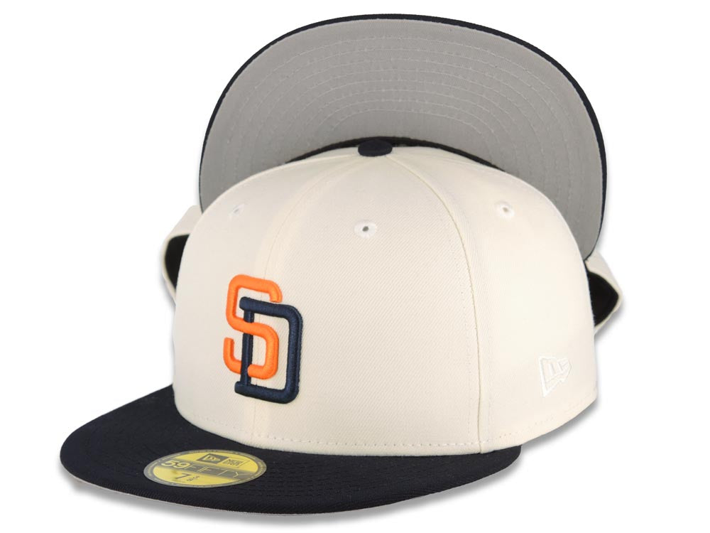 San Diego Padres New Era MLB 59FIFTY 5950 Fitted Cap Hat Cream Crown Navy Visor Orange/Navy Logo Gray UV