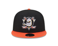 Load image into Gallery viewer, Mighty Ducks New Era NHL 9FIFTY 950 Snapback Cap Hat Black Crown Orange Visor Team Color Logo

