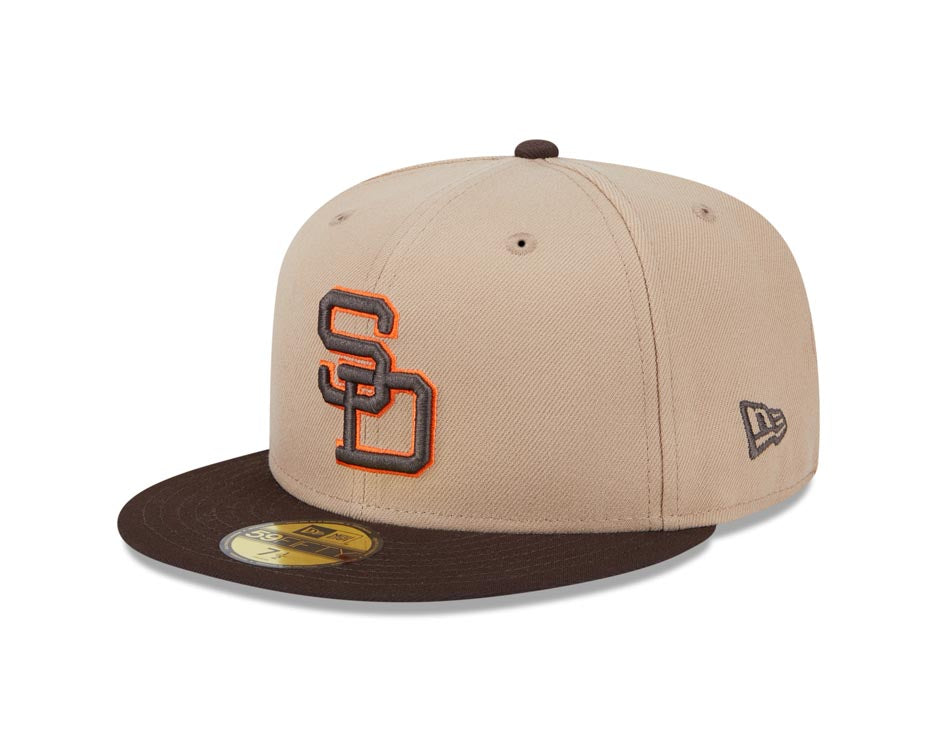 San Diego Padres New Era MLB 59FIFTY 5950 Fitted Cap Hat Khaki Crown Brown Visor Brown/Orange Retro Cooperstown Logo