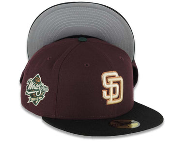San Diego Padres New Era MLB 59FIFTY 5950 Fitted Cap Hat Maroon Crown Black Visor Light Khaki/Metallic Bronze Logo 1998 World Series Side Patch