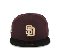Load image into Gallery viewer, San Diego Padres New Era MLB 59FIFTY 5950 Fitted Cap Hat Maroon Crown Black Visor Light Khaki/Metallic Bronze Logo 1998 World Series Side Patch
