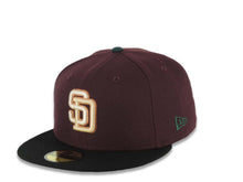 Load image into Gallery viewer, San Diego Padres New Era MLB 59FIFTY 5950 Fitted Cap Hat Maroon Crown Black Visor Light Khaki/Metallic Bronze Logo 1998 World Series Side Patch
