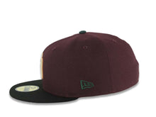 Load image into Gallery viewer, San Diego Padres New Era MLB 59FIFTY 5950 Fitted Cap Hat Maroon Crown Black Visor Light Khaki/Metallic Bronze Logo 1998 World Series Side Patch

