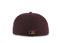 Load image into Gallery viewer, San Diego Padres New Era MLB 59FIFTY 5950 Fitted Cap Hat Maroon Crown Black Visor Light Khaki/Metallic Bronze Logo 1998 World Series Side Patch
