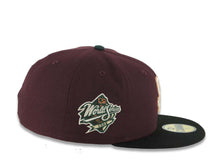Load image into Gallery viewer, San Diego Padres New Era MLB 59FIFTY 5950 Fitted Cap Hat Maroon Crown Black Visor Light Khaki/Metallic Bronze Logo 1998 World Series Side Patch
