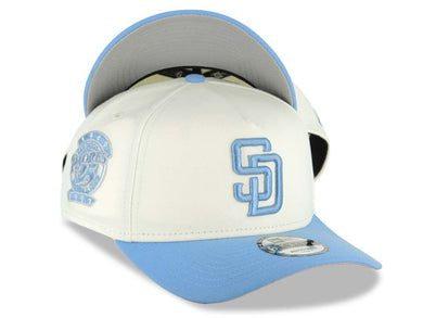 San Diego Padres New Era MLB 9FORTY 940 Adjustable Cap Hat Cream Crown Sky Blue Visor Sky Blue Logo 25th Anniversary Side Patch Gray UV
