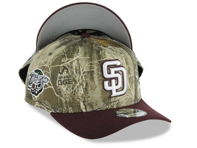 San Diego Padres New Era MLB 9FORTY 940 Adjustable A-Frame Cap Hat Real Tree Edge Camo Crown Maroon Visor White/Maroon Logo 1998 World Series Side Patch