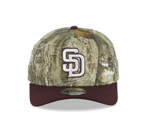 Load image into Gallery viewer, San Diego Padres New Era MLB 9FORTY 940 Adjustable A-Frame Cap Hat Real Tree Edge Camo Crown Maroon Visor White/Maroon Logo 1998 World Series Side Patch
