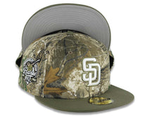 Load image into Gallery viewer, San Diego Padres New Era MLB 59FIFTY 5950 Fitted Cap Hat Real Tree Camo Crown Olive Visor White Logo 40th Anniversary Side Patch Gray UV
