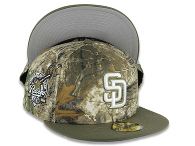 San Diego Padres New Era MLB 59FIFTY 5950 Fitted Cap Hat Real Tree Camo Crown Olive Visor White Logo 40th Anniversary Side Patch Gray UV