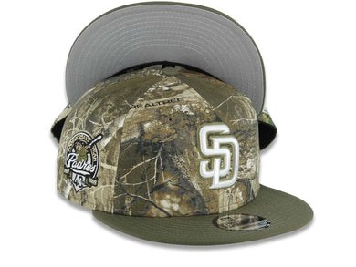 San Diego Padres New Era MLB 9FIFTY 950 Snapback Cap Hat Real Tree Edge Camo Crown Olive Green Visor White/Olive Green Logo 40th Anniversary Side Patch