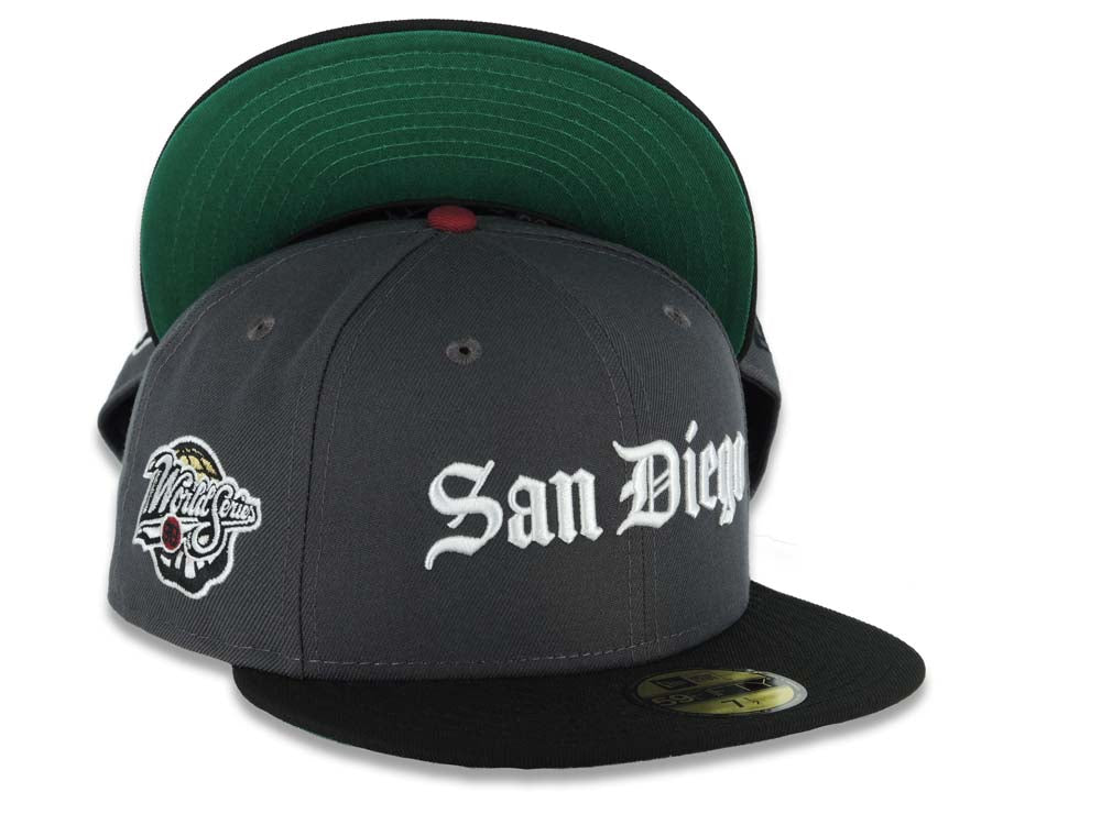 San Diego Padres New Era MLB 59FIFTY 5950 Fitted Cap Hat Dark Gray Crown Black Visor White Script/Text Logo 1998 World Series Side Patch Green UV