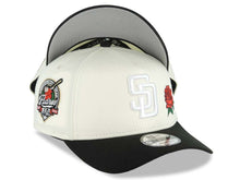Load image into Gallery viewer, San Diego Padres New Era MLB 9FORTY 940 Adjustable A-Frame Cap Hat Cream Crown Black Visor White Logo With Red Rose 40th Anniversary Side Patch Gray UV
