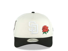 Load image into Gallery viewer, San Diego Padres New Era MLB 9FORTY 940 Adjustable A-Frame Cap Hat Cream Crown Black Visor White Logo With Red Rose 40th Anniversary Side Patch Gray UV

