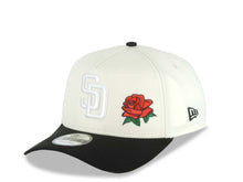 Load image into Gallery viewer, San Diego Padres New Era MLB 9FORTY 940 Adjustable A-Frame Cap Hat Cream Crown Black Visor White Logo With Red Rose 40th Anniversary Side Patch Gray UV
