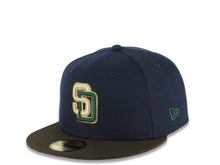 Load image into Gallery viewer, San Diego Padres New Era MLB 59FIFTY 5950 Fitted Cap Hat Navy Blue Crown Brown Visor Light Khaki/Green Logo 1998 World Series Side Patch Gray UV

