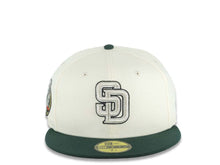 Load image into Gallery viewer, San Diego Padres New Era MLB 59FIFTY 5950 Fitted Cap Hat Cream Crown Dark Green Visor White/Metallic Silver/Black Logo 20th Anniversary Petco Park Side Patch
