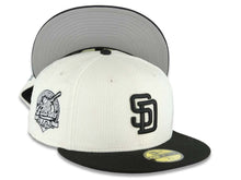 Load image into Gallery viewer, (Corduroy Crown) San Diego Padres New Era MLB 59FIFTY 5950 Fitted Cap Hat Cream Crown Black Visor Black Logo 40th Anniversary Side Patch Gray UV
