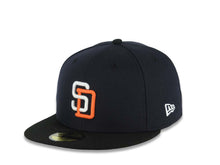 Load image into Gallery viewer, San Diego Padres New Era MLB 59FIFTY 5950 Fitted Cap Hat Navy Blue Crown Black Visor White/Orange Logo 1998 World Series Side Patch Gray UV
