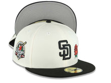 Load image into Gallery viewer, San Diego Padres New Era MLB 59FIFTY 5950 Fitted Cap Hat Cream Crown Black Visor Black Logo With Rose 40th Anniversary Side Patch Gray UV
