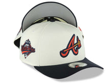 Load image into Gallery viewer, Atlanta Braves New Era MLB 9FORTY 940 Adjustable A-Frame Cap Hat Cream Crown Navy Blue Visor Team Color Axe Logo 1992 World Series Side Patch
