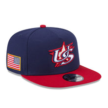 Load image into Gallery viewer, USA New Era WBC World Baseball Classic 9FIFTY 950 Snapback A-Frame Cap Hat Navy Blue Crown Red Visor Team Color Logo USA Flag Side Patch
