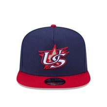 Load image into Gallery viewer, USA New Era WBC World Baseball Classic 9FIFTY 950 Snapback A-Frame Cap Hat Navy Blue Crown Red Visor Team Color Logo USA Flag Side Patch
