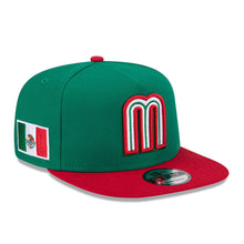 Load image into Gallery viewer, Mexico New Era WBC World Baseball Classic 9FIFTY 950 Snapback A-Frame Cap Hat Green Crown Red Visor Team Color Logo Mexico Flag Side Patch
