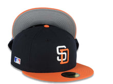 Load image into Gallery viewer, San Diego Padres New Era MLB 59FIFTY 5950 Fitted Cap Hat Navy Blue Crown Orange Visor White/Orange Logo Batterman Batty Side Patch Gray UV
