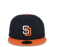 Load image into Gallery viewer, San Diego Padres New Era MLB 59FIFTY 5950 Fitted Cap Hat Navy Blue Crown Orange Visor White/Orange Logo Batterman Batty Side Patch Gray UV
