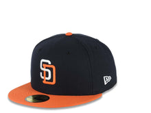 Load image into Gallery viewer, San Diego Padres New Era MLB 59FIFTY 5950 Fitted Cap Hat Navy Blue Crown Orange Visor White/Orange Logo Batterman Batty Side Patch Gray UV
