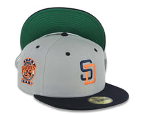 Load image into Gallery viewer, San Diego Padres New Era MLB 59FIFTY 5950 Fitted Cap Hat Gray Crown Navy Blue Visor Navy Blue/Orange Logo 25th Anniversary Side Patch Green UV
