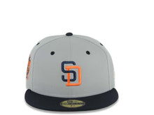 Load image into Gallery viewer, San Diego Padres New Era MLB 59FIFTY 5950 Fitted Cap Hat Gray Crown Navy Blue Visor Navy Blue/Orange Logo 25th Anniversary Side Patch Green UV
