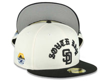 Load image into Gallery viewer, San Diego Padres New Era MLB 59FIFTY 5950 Fitted Cap Hat Cream Crown Black Visor Black Logo South Bay Pier Side Patch
