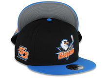 Load image into Gallery viewer, San Diego Gulls New Era AHL 9FIFTY 950 Snapback Cap Hat Black Crown Blue Visor Default Team Logo SD Side Patch Gray UV
