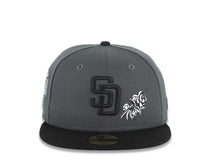 Load image into Gallery viewer, San Diego Padres New Era MLB 59FIFTY 5950 Fitted Cap Hat Dark Gray Crown Black Visor Black Logo With Rose 40th Anniversary Side Patch
