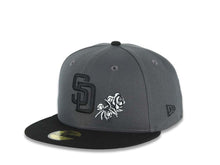 Load image into Gallery viewer, San Diego Padres New Era MLB 59FIFTY 5950 Fitted Cap Hat Dark Gray Crown Black Visor Black Logo With Rose 40th Anniversary Side Patch

