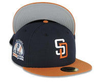 Load image into Gallery viewer, San Diego Padres New Era MLB 59FIFTY 5950 Fitted Cap Hat Navy Blue Crown Orange Visor White/Orange Logo 10 Years Petcopark Side Patch
