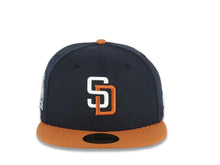 Load image into Gallery viewer, San Diego Padres New Era MLB 59FIFTY 5950 Fitted Cap Hat Navy Blue Crown Orange Visor White/Orange Logo 10 Years Petcopark Side Patch
