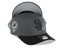 Load image into Gallery viewer, San Diego Padres New Era MLB 9FORTY 940 Adjustable A-Frame Cap Hat Dark Gray Crown Black Visor Black Logo With White Rose 40th Anniversary Side Patch

