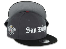 Load image into Gallery viewer, San Diego Padres New Era MLB 9FIFTY 950 Snapback Cap Hat Dark Gray Crown Black Visor White Script/Text Logo 1998 World Series Side Patch
