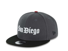 Load image into Gallery viewer, San Diego Padres New Era MLB 9FIFTY 950 Snapback Cap Hat Dark Gray Crown Black Visor White Script/Text Logo 1998 World Series Side Patch
