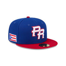 Load image into Gallery viewer, Puerto Rico New Era WBC World Baseball Classic 59FIFTY 5950 Fitted Cap Hat Royal Blue Crown Red Visor Team Color Logo Puerto Rico Flag Side Patch
