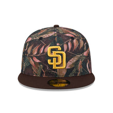 Load image into Gallery viewer, San Diego Padres New Era MLB 59FIFTY 5950 Fitted Cap Hat Leaves Camo Crown Brown Visor Yellow Logo 50th Anniversary Side Patch

