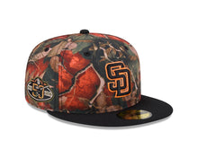 Load image into Gallery viewer, San Diego Padres New Era MLB 59FIFTY 5950 Fitted Cap Hat Leaves Crown Black Visor Black/Orange Logo 50th Anniversary Side Patch
