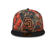 Load image into Gallery viewer, San Diego Padres New Era MLB 59FIFTY 5950 Fitted Cap Hat Leaves Crown Black Visor Black/Orange Logo 50th Anniversary Side Patch
