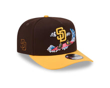 Load image into Gallery viewer, San Diego Padres New Era MLB 9FORTY 940 A-Frame Snapback Cap Hat Brown Crown Yellow Visor Yellow Logo With Surfing Cartoon

