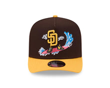 Load image into Gallery viewer, San Diego Padres New Era MLB 9FORTY 940 A-Frame Snapback Cap Hat Brown Crown Yellow Visor Yellow Logo With Surfing Cartoon
