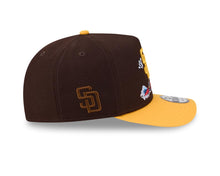Load image into Gallery viewer, San Diego Padres New Era MLB 9FORTY 940 A-Frame Snapback Cap Hat Brown Crown Yellow Visor Yellow Logo With Surfing Cartoon
